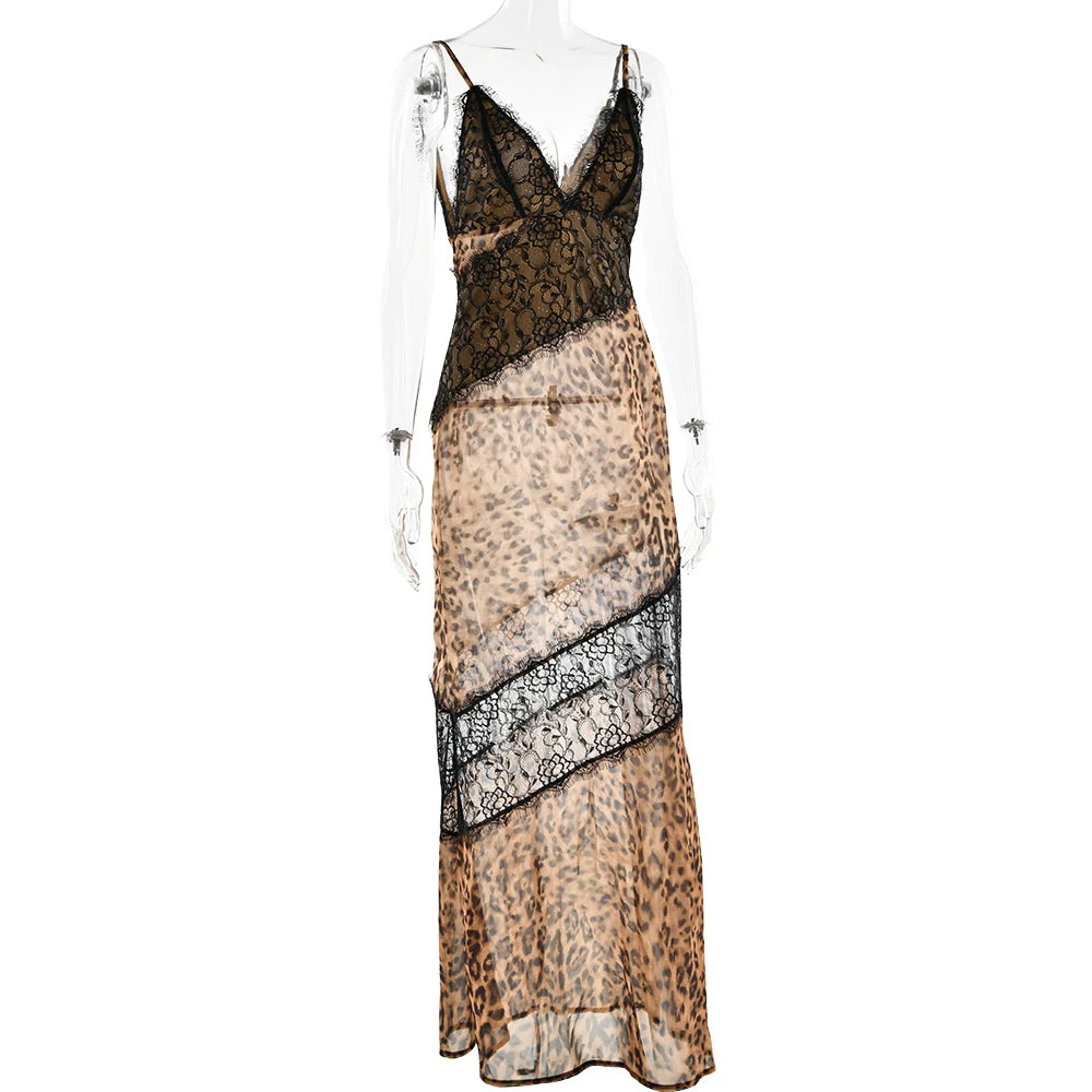Vestido Largo con Encaje y Estampado de Leopardo