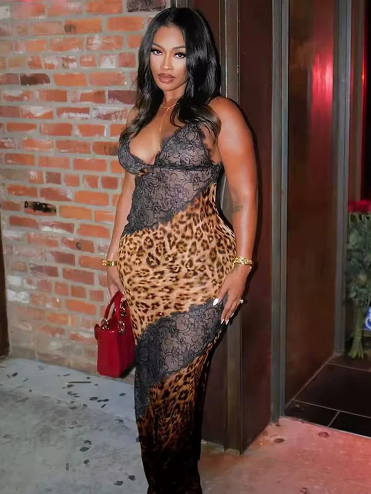 Vestido Largo con Encaje y Estampado de Leopardo