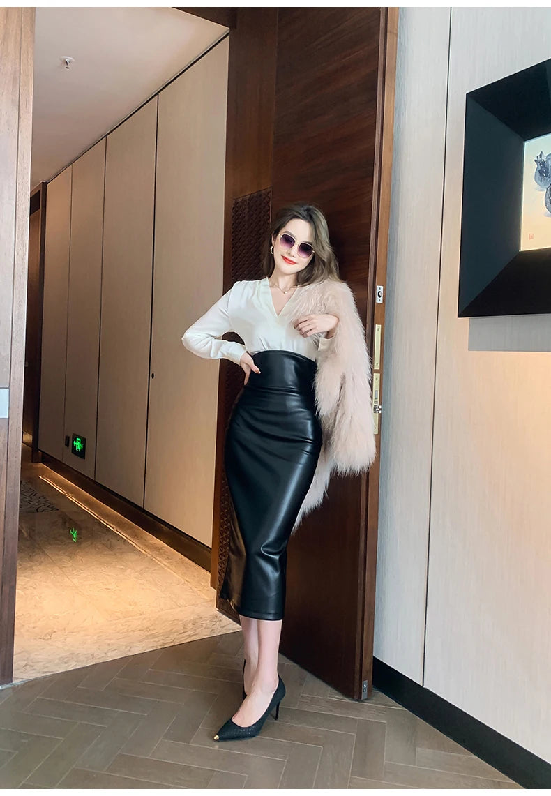 Falda de Tubo Talle Alto de Efecto Cuero