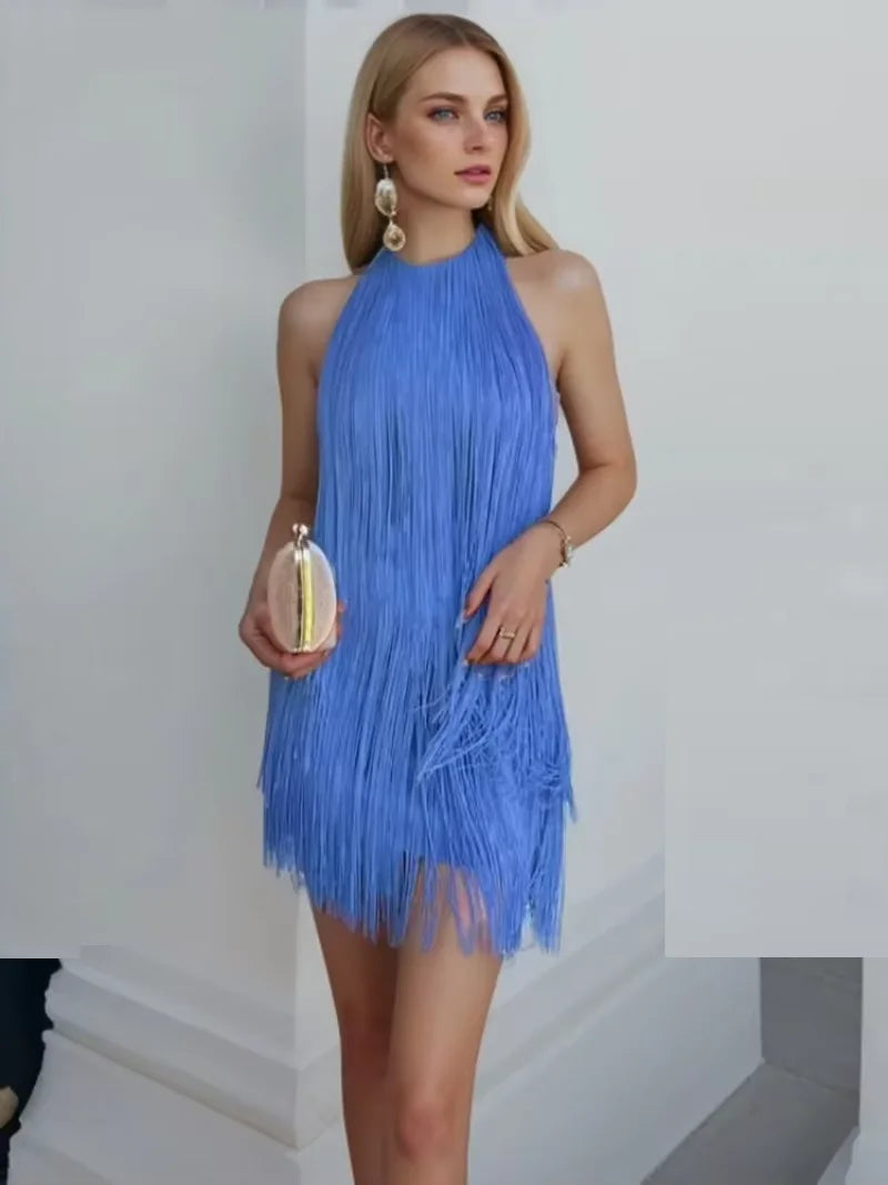 Vestido con Flecos Atado al Cuello