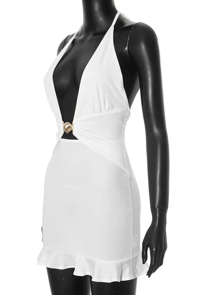 Mini Vestido Negro con Escote Plunging y Detalle Dorado