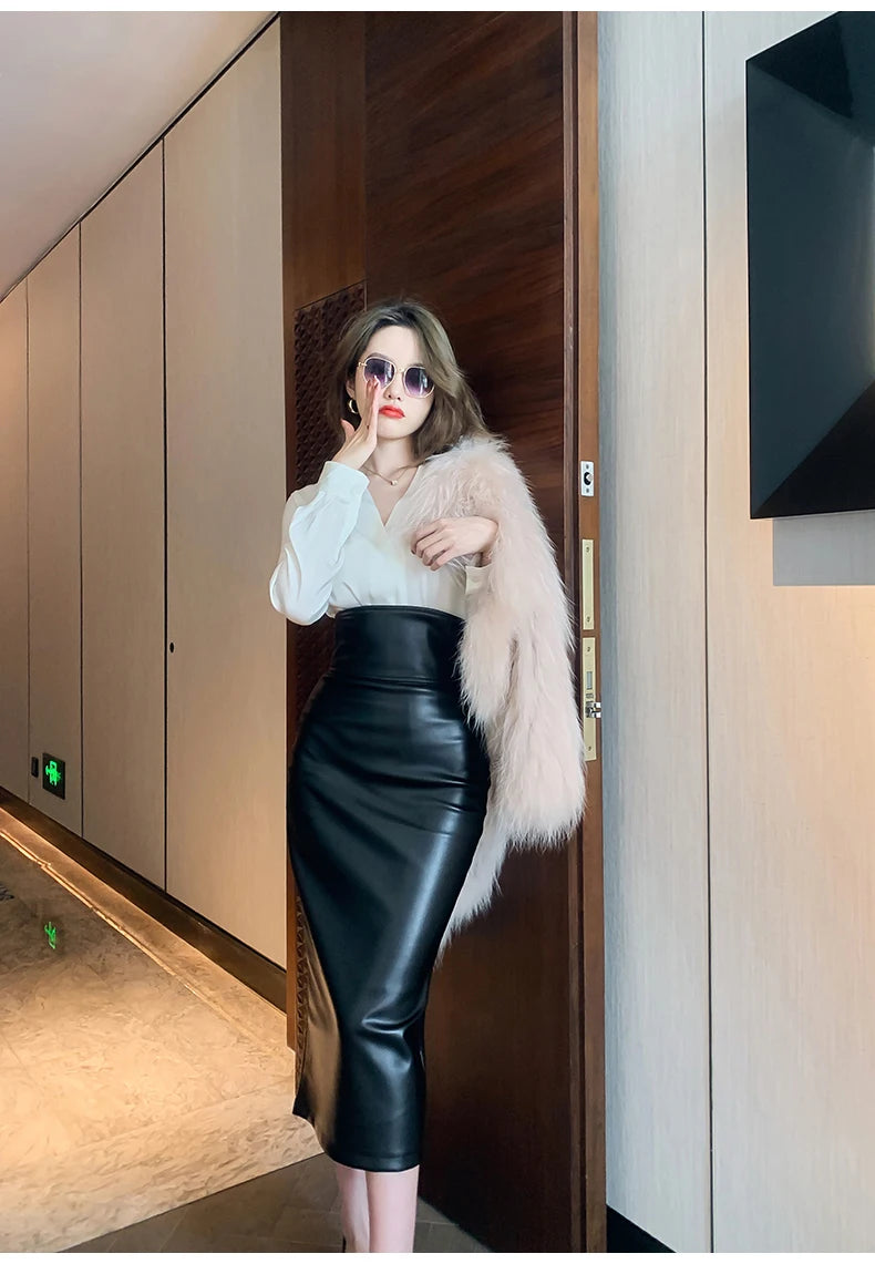 Falda de Tubo Talle Alto de Efecto Cuero