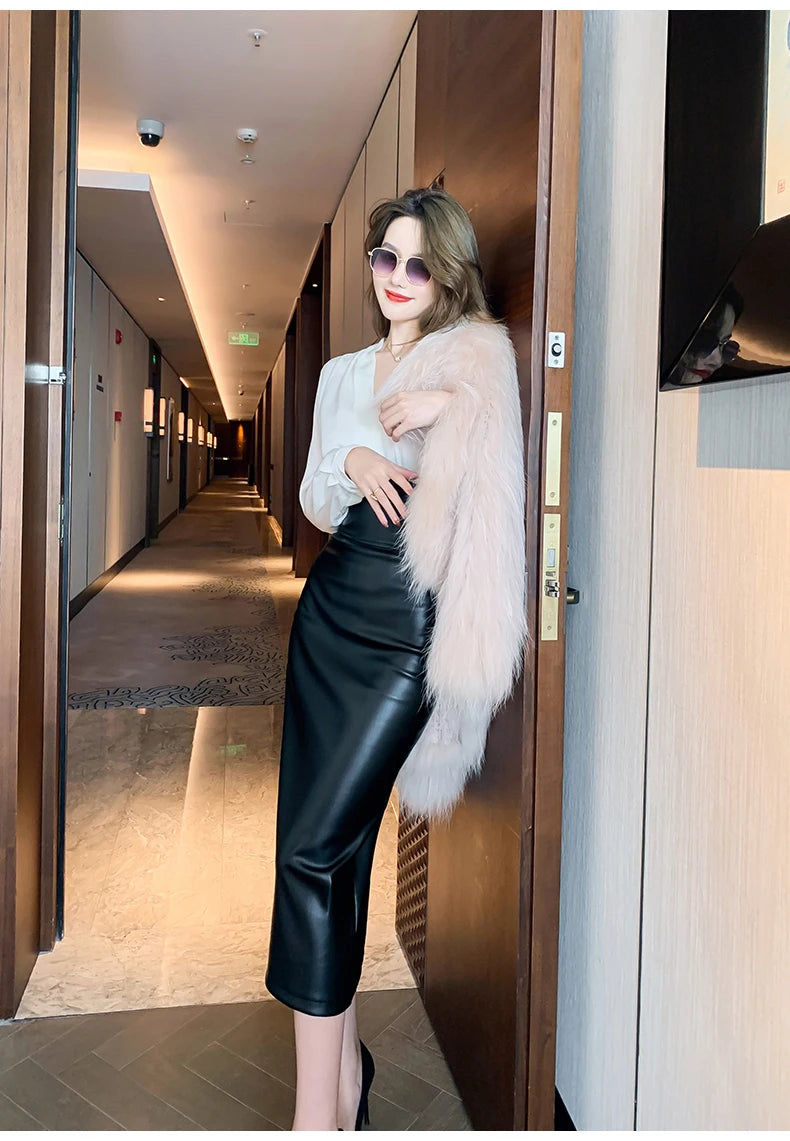 Falda de Tubo Talle Alto de Efecto Cuero