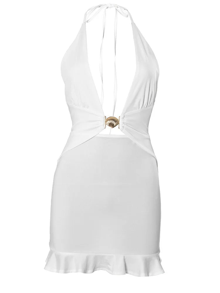 Mini Vestido Negro con Escote Plunging y Detalle Dorado