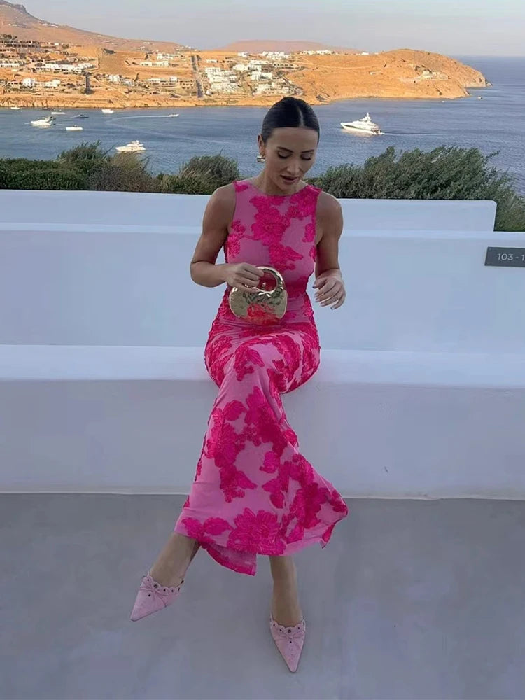 Vestido Largo Rosa con Estampado Flores