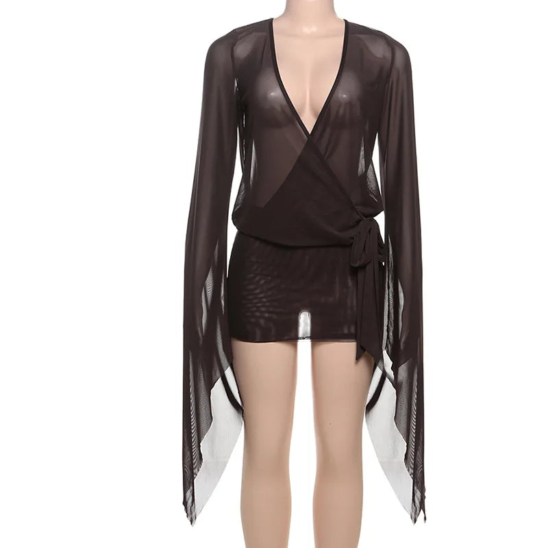 Mini Vestido Transparente de Manga de Mariposa