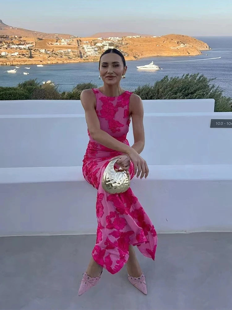 Vestido Largo Rosa con Estampado Flores