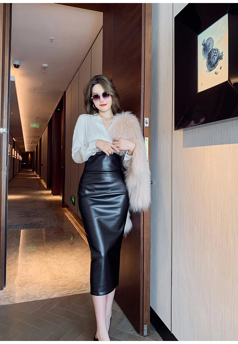 Falda de Tubo Talle Alto de Efecto Cuero