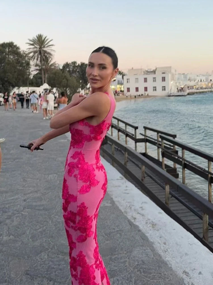 Vestido Largo Rosa con Estampado Flores