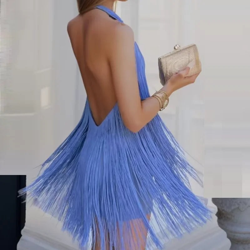 Vestido con Flecos Atado al Cuello