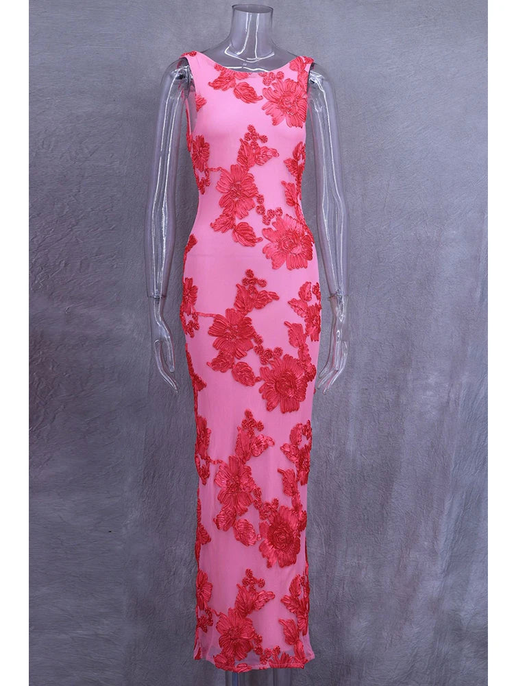 Vestido Largo Rosa con Estampado Flores