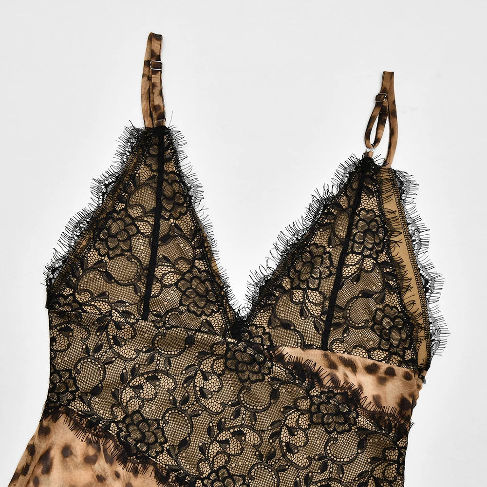 Vestido Largo con Encaje y Estampado de Leopardo