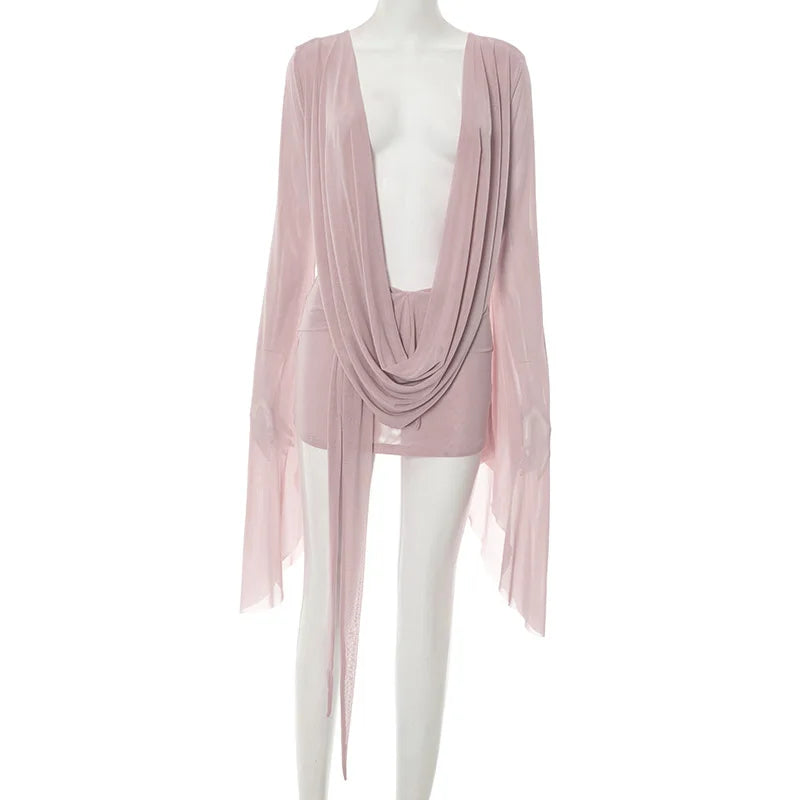 Mini Vestido Transparente de Manga de Mariposa