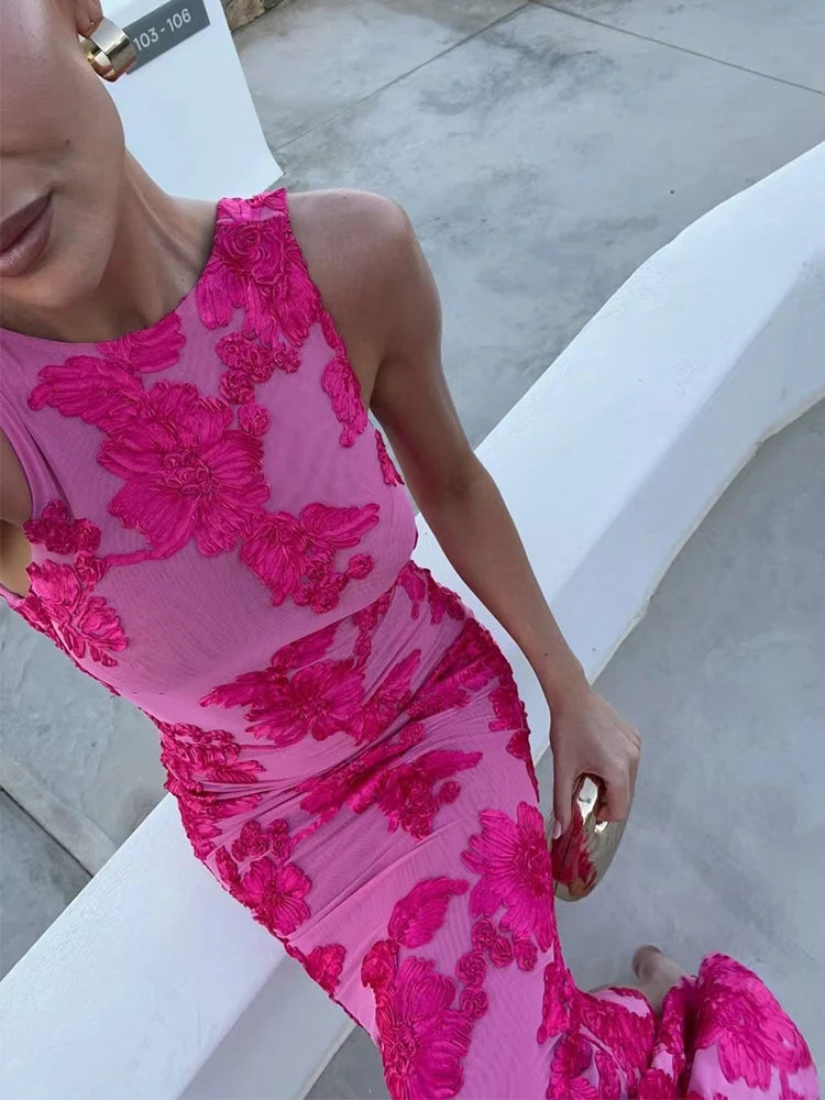 Vestido Largo Rosa con Estampado Flores