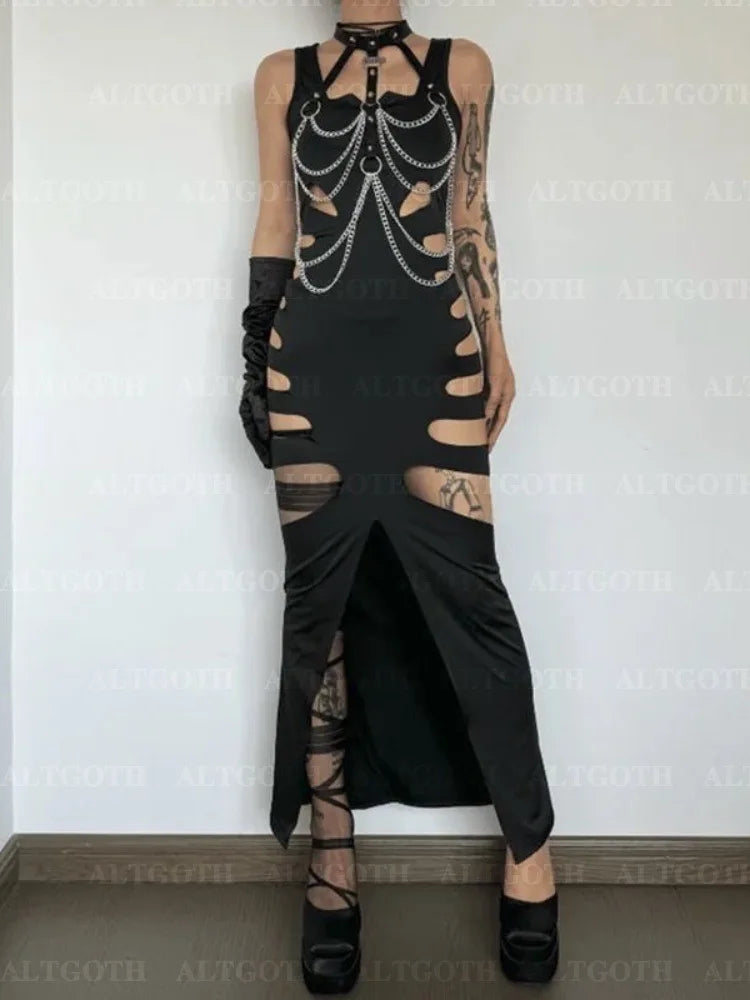 Vestido Largo con Aberturas en Piernas y Cintura