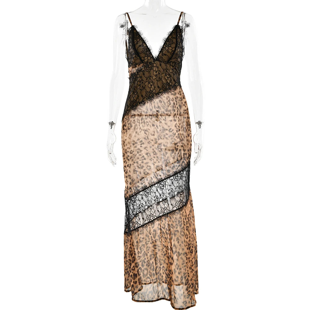 Vestido Largo con Encaje y Estampado de Leopardo
