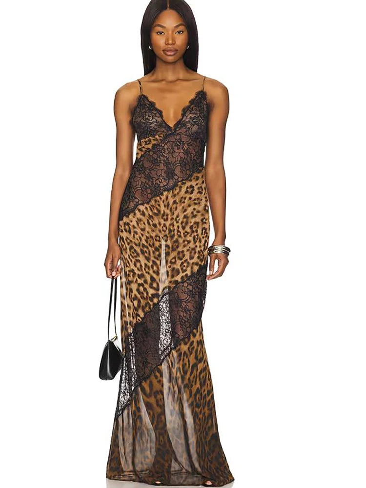 Vestido Largo con Encaje y Estampado de Leopardo