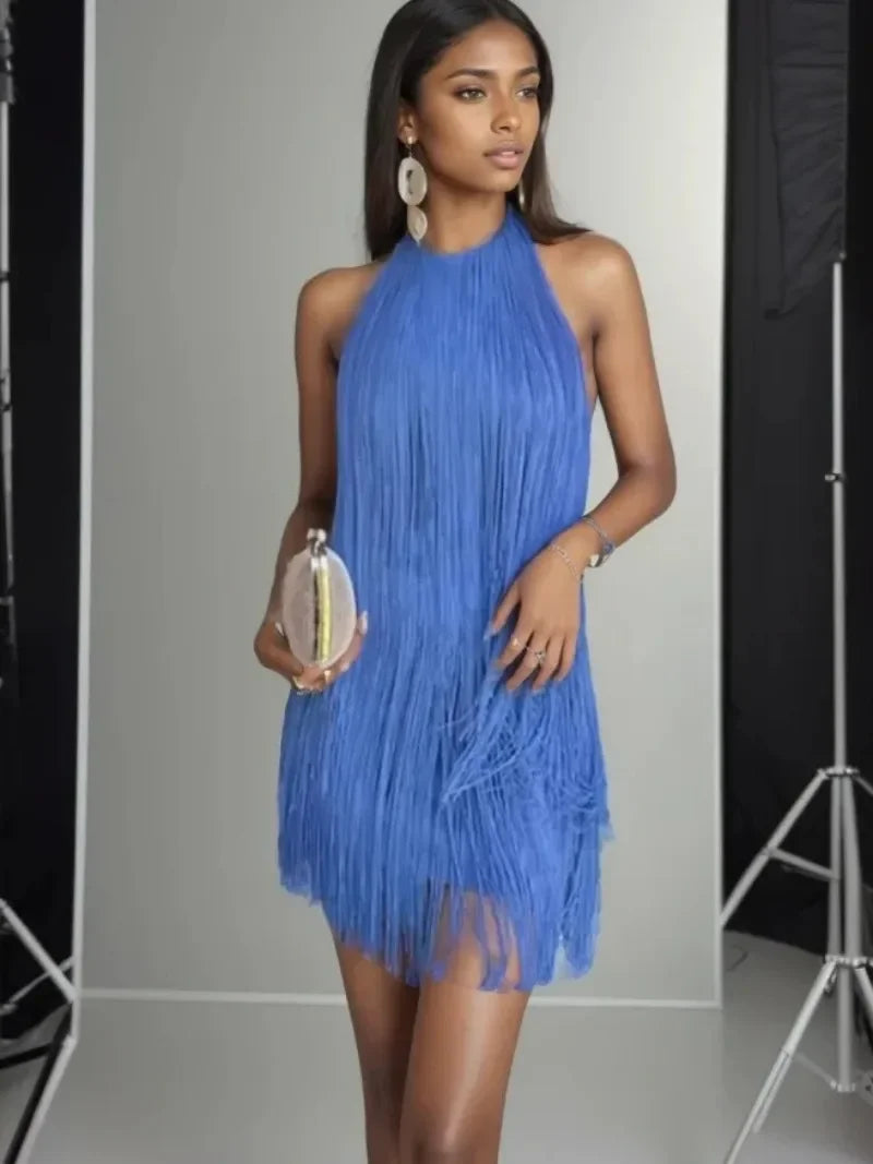 Vestido con Flecos Atado al Cuello