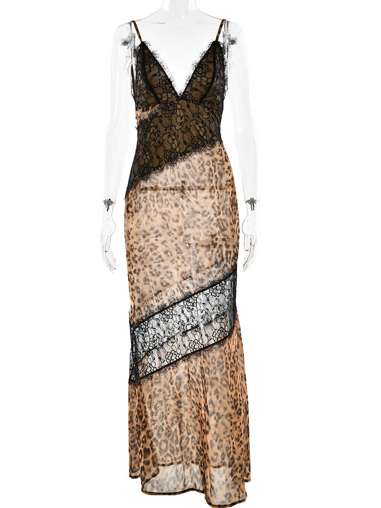 Vestido Largo con Encaje y Estampado de Leopardo