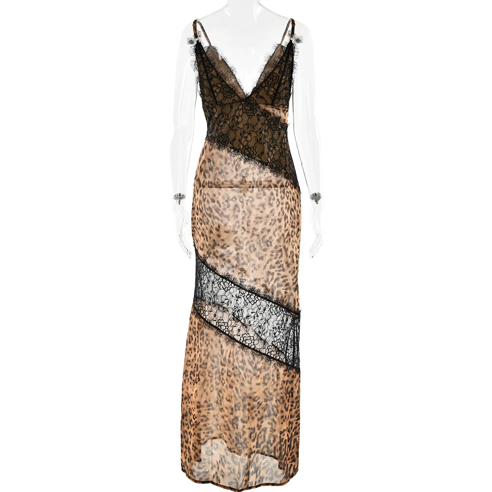 Vestido Largo con Encaje y Estampado de Leopardo