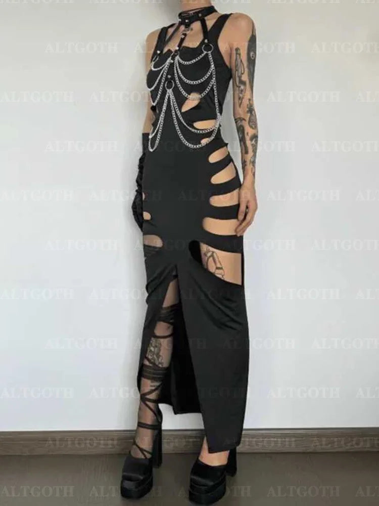 Vestido Largo con Aberturas en Piernas y Cintura
