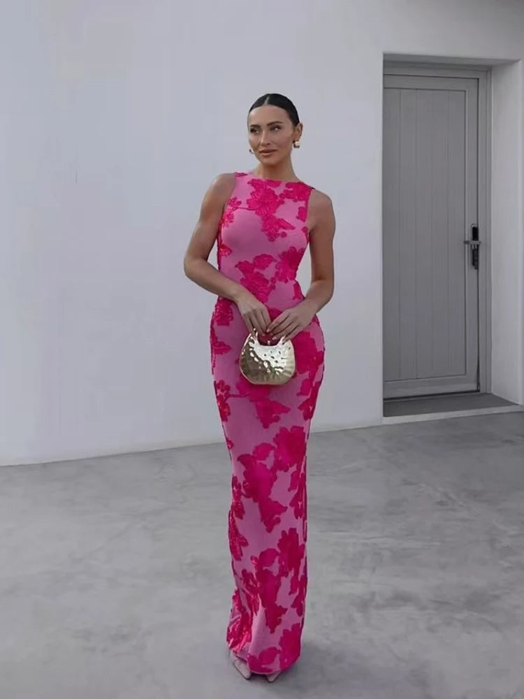 Vestido Largo Rosa con Estampado Flores