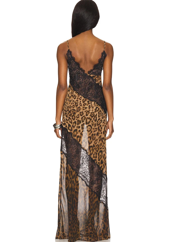 Vestido Largo con Encaje y Estampado de Leopardo